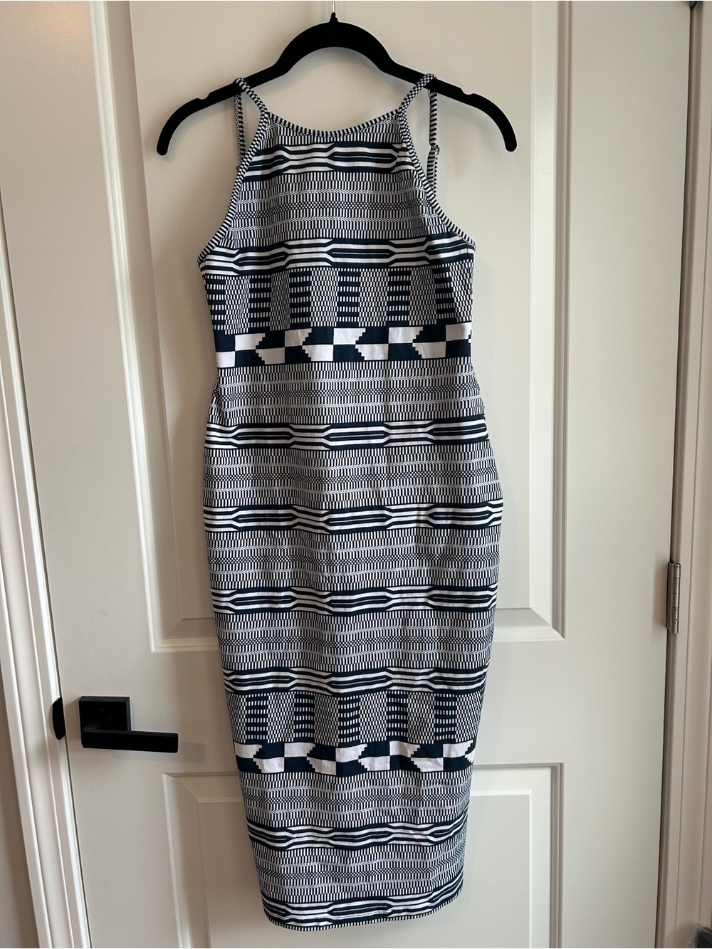 Striped High-Neck Bodycon Dress in dark blue and White